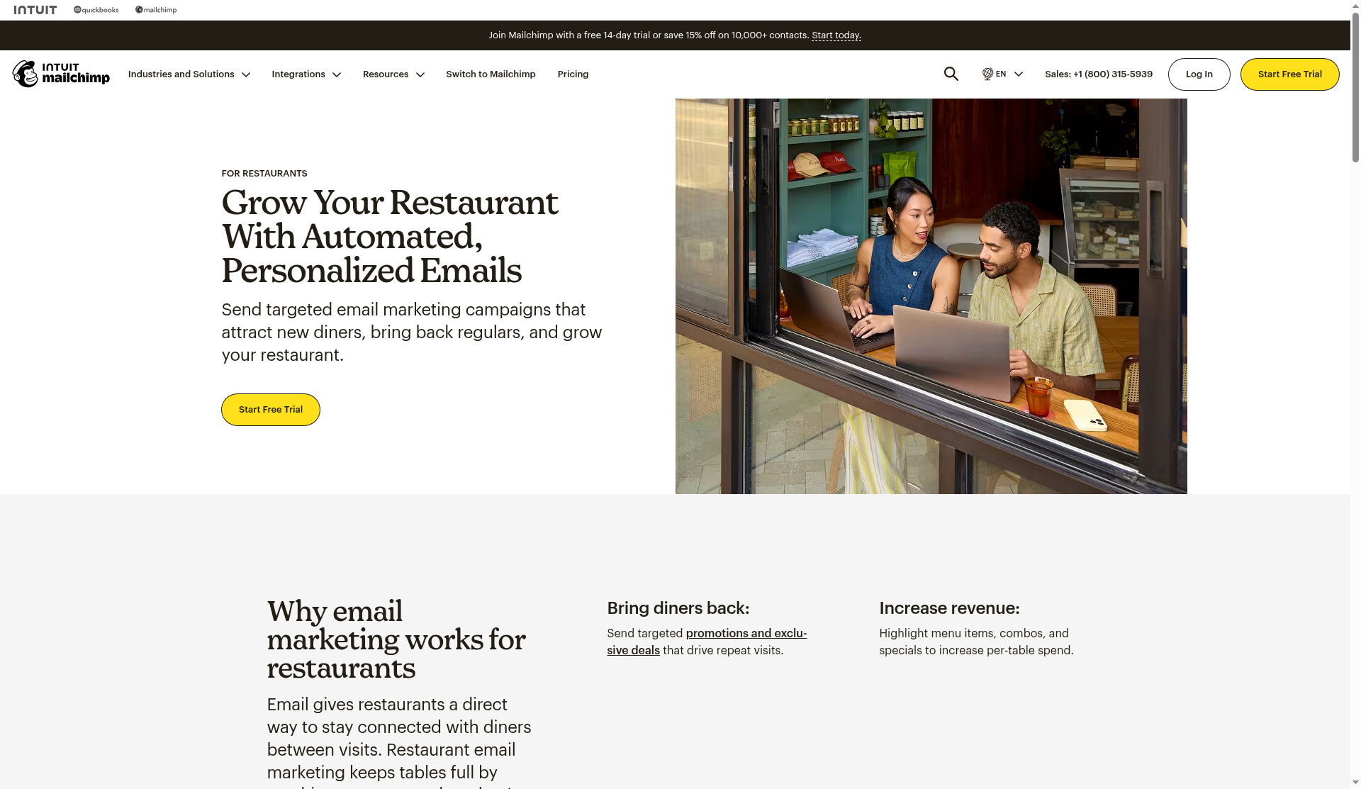 Mailchimp email marketing for restaurants solutions page overview