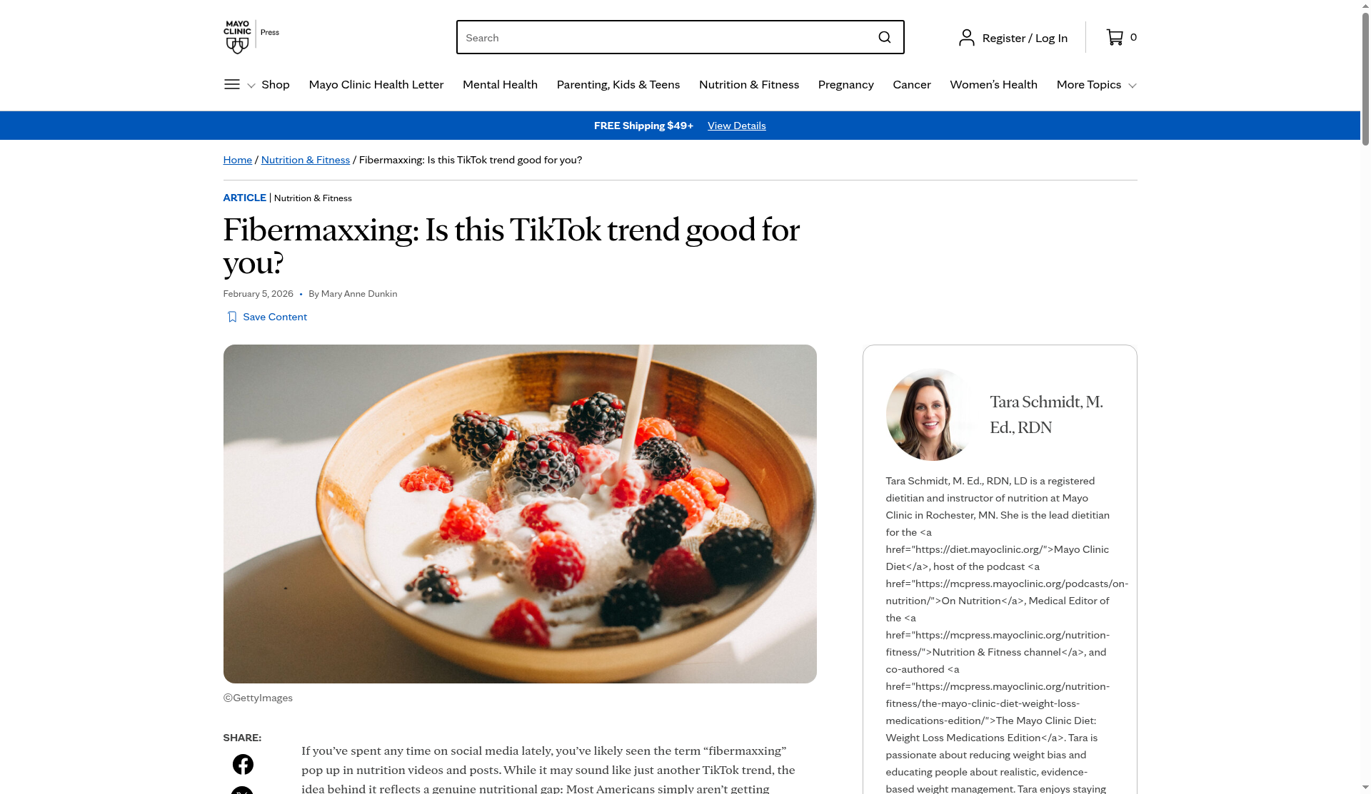 Mayo Clinic Press article on fibermaxxing TikTok nutrition trend