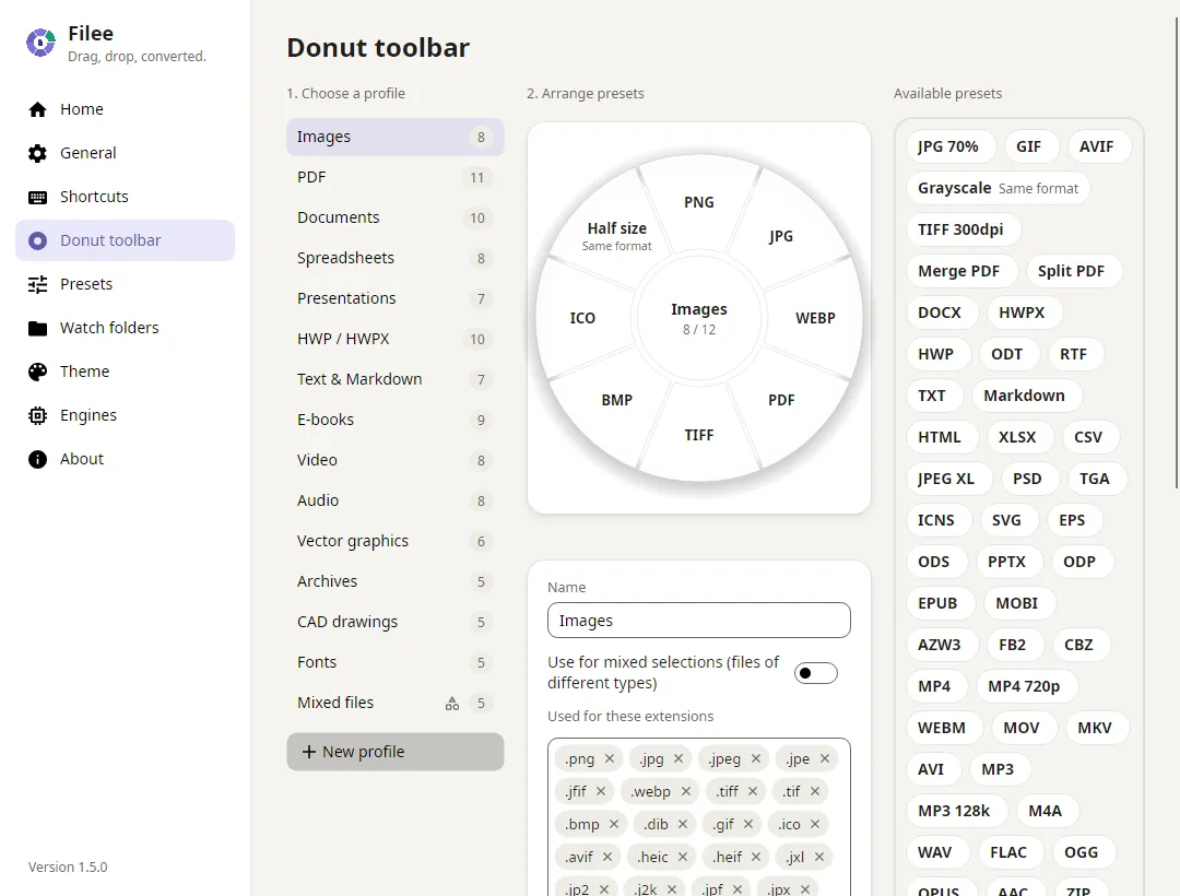 Filee toolbar editor screenshot from the official Filee website