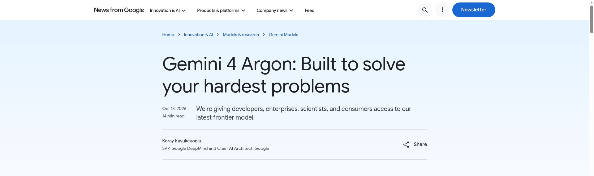 Screenshot: Google Blog introducing Gemini 4 Argon
