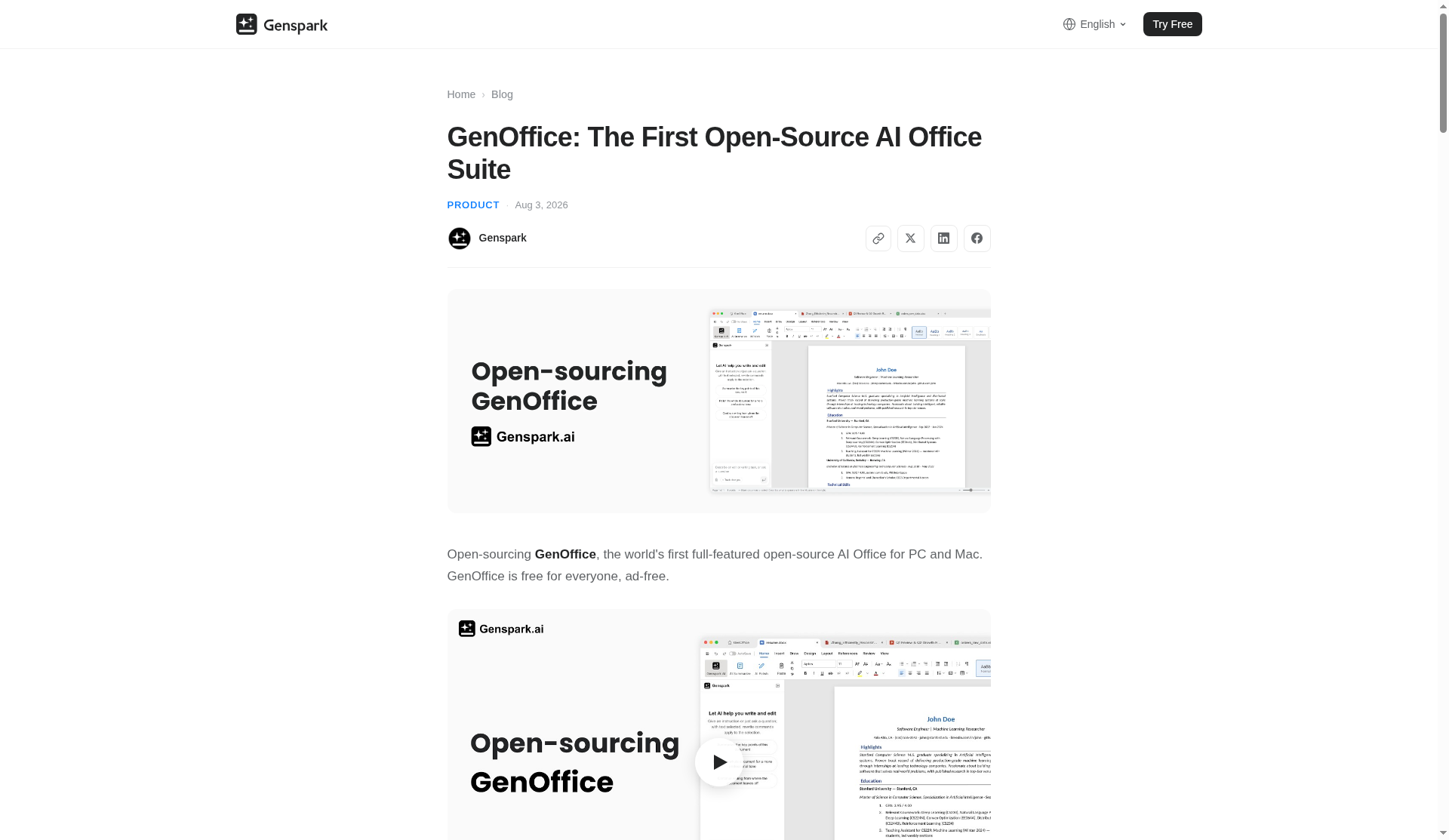 Genspark GenOffice open-source AI office suite announcement blog page