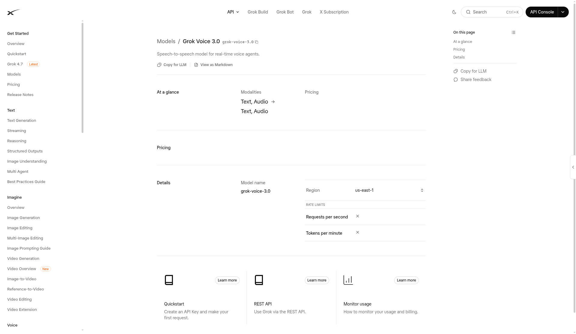 Grok Voice 3.0 model documentation page on docs.x.ai