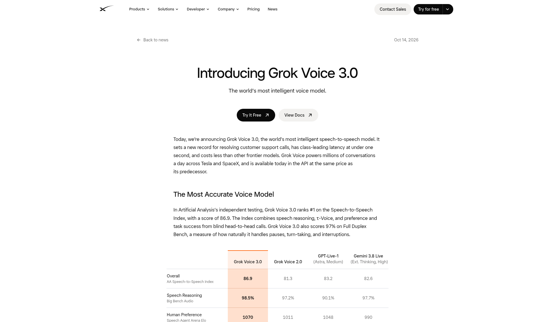 Grok Voice 3.0 announcement on the SpaceXSI x.ai news page