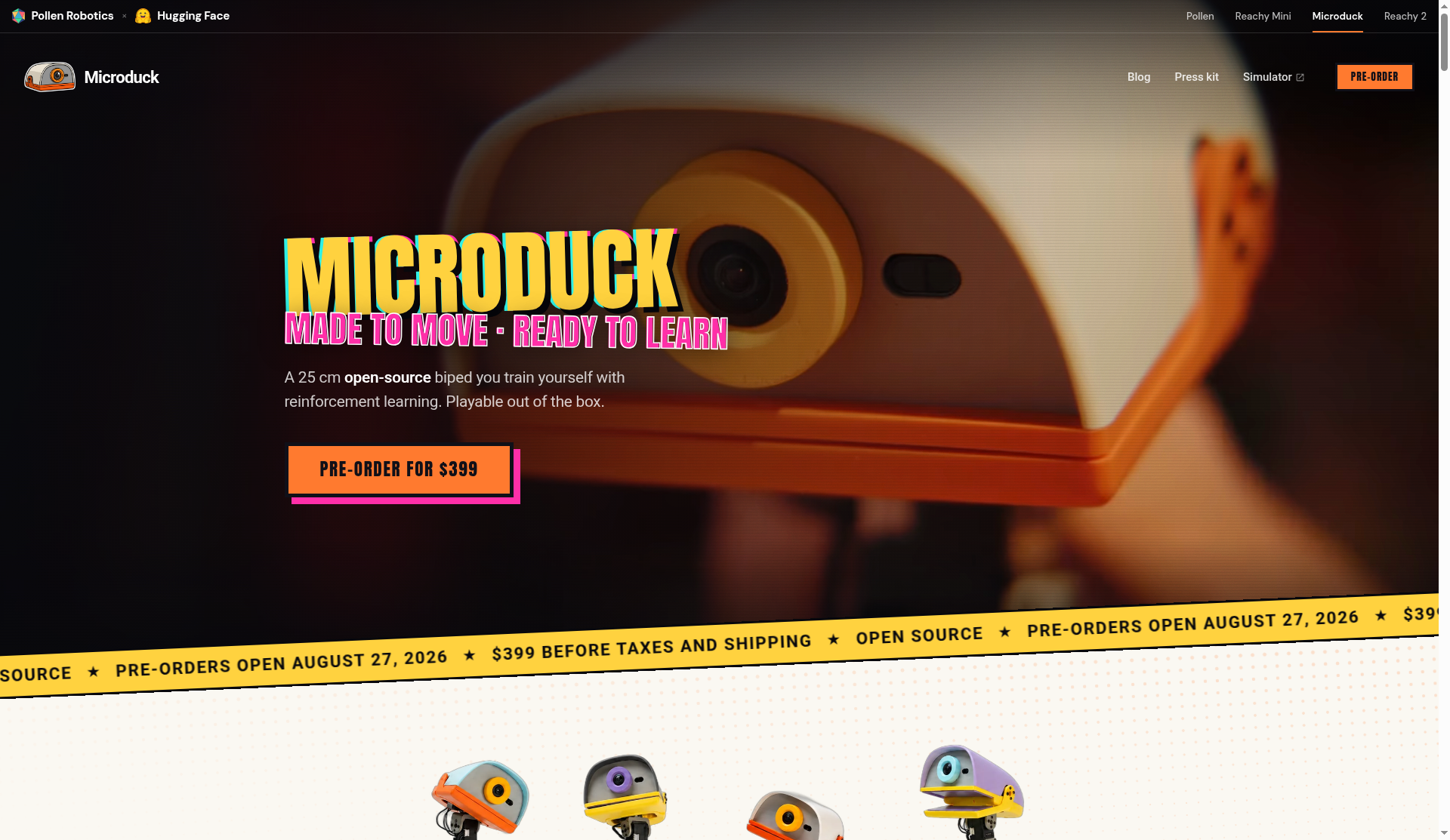 Microduck product page on pollen-robotics.com