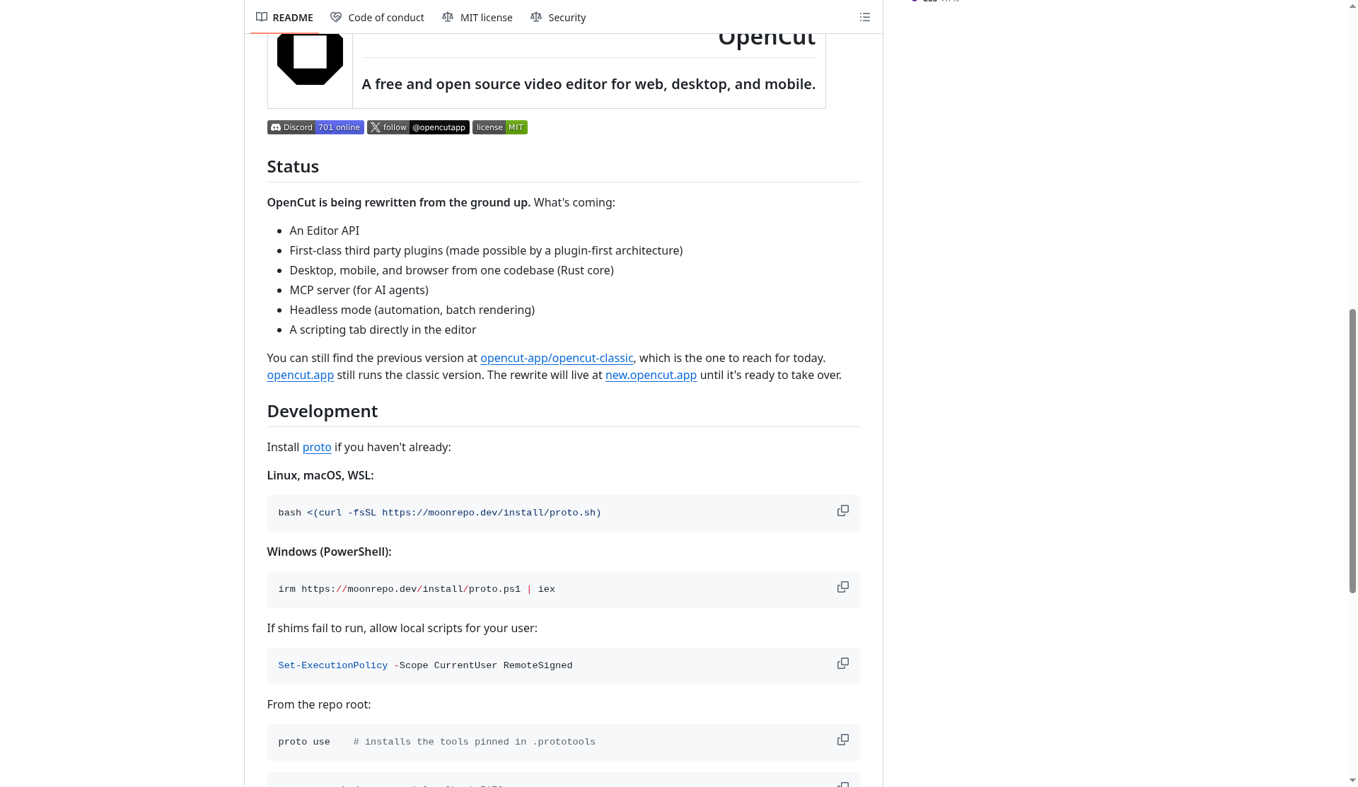 OpenCut GitHub README showing rewrite status and classic vs new.opencut.app notes