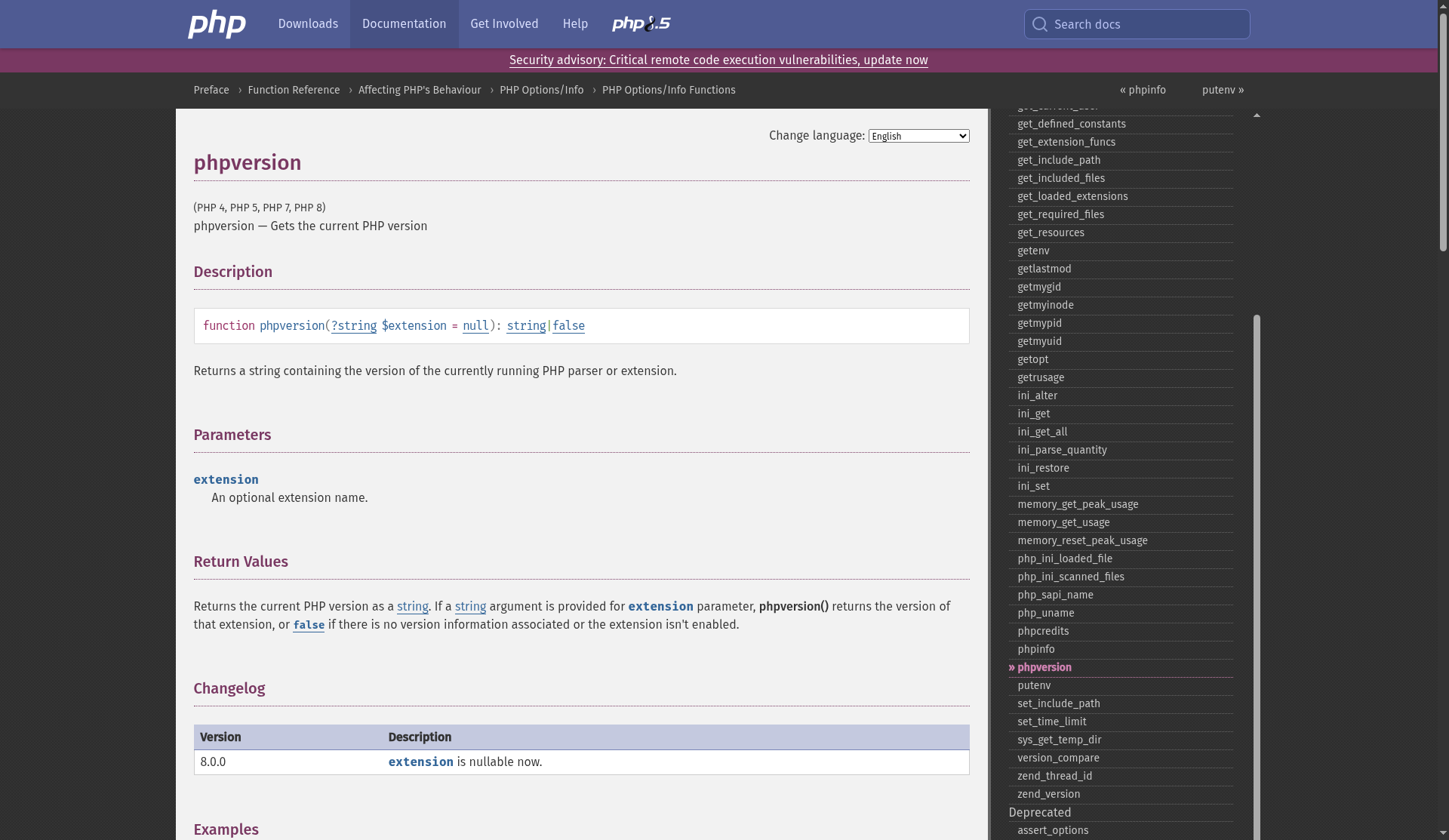 PHP phpinfo() function manual page on php.net