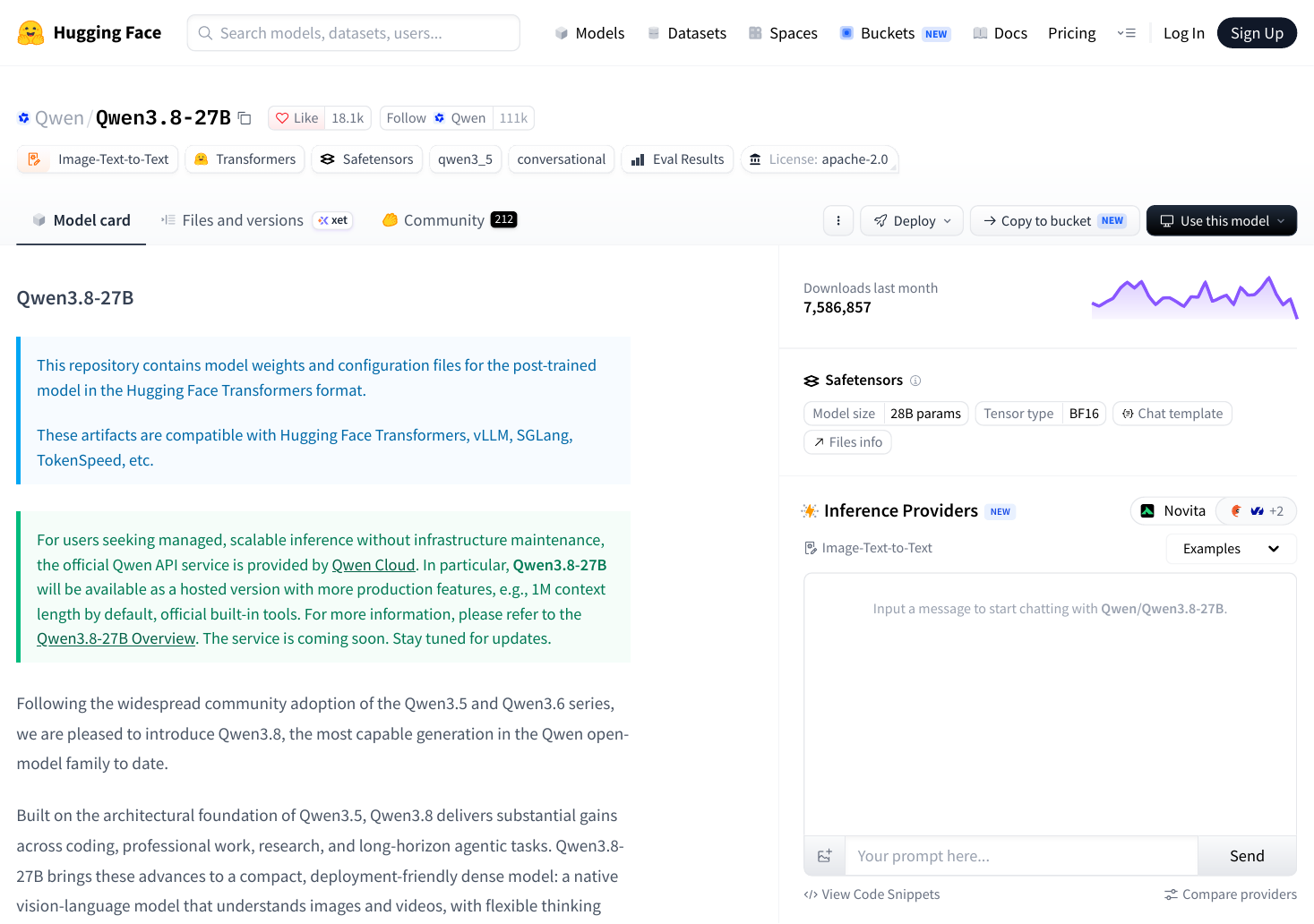 Qwen3.8-27B documentation or Hugging Face model page screenshot