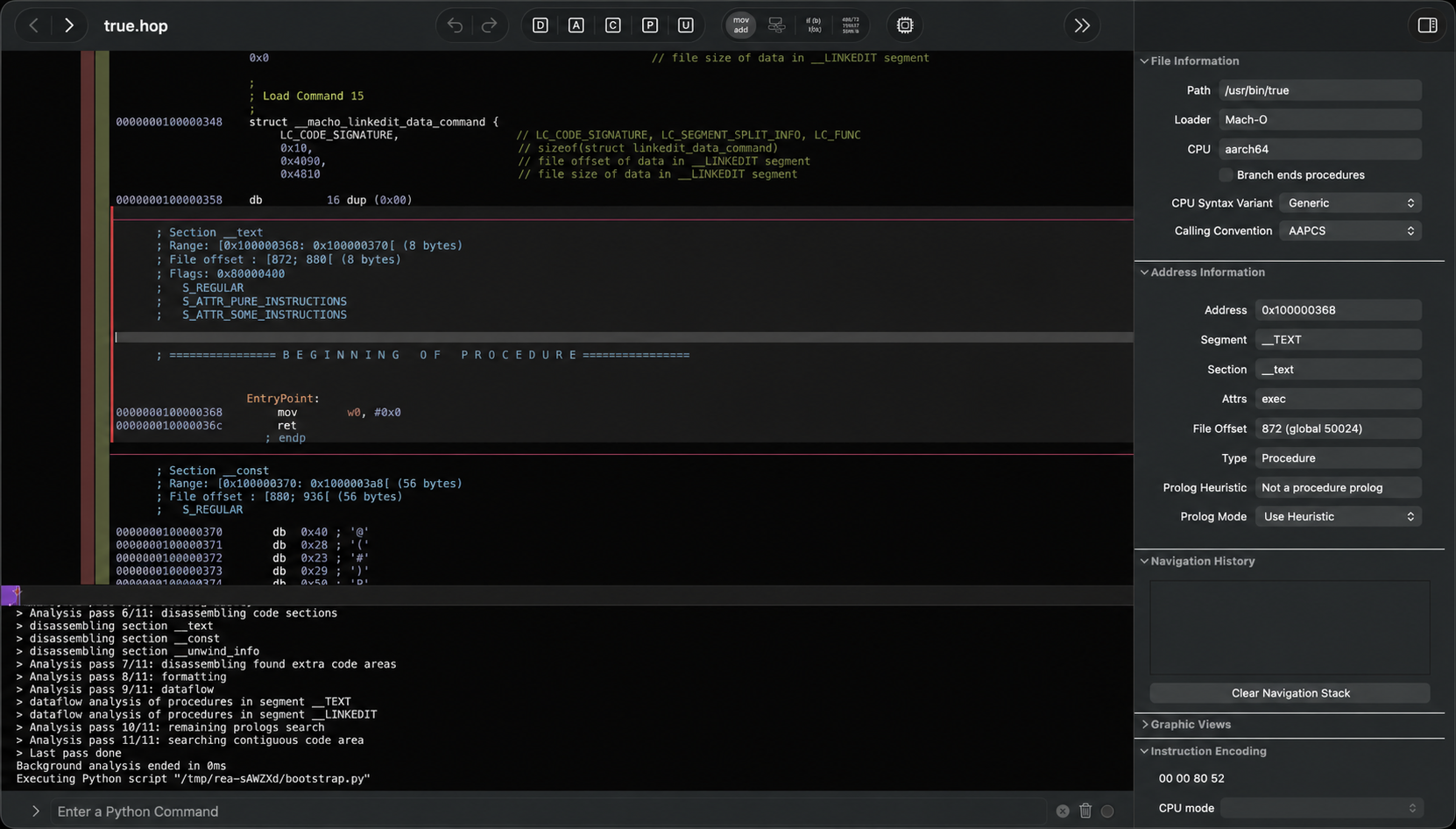 Official REA documentation screenshot showing analysis inside Hopper on a native binary