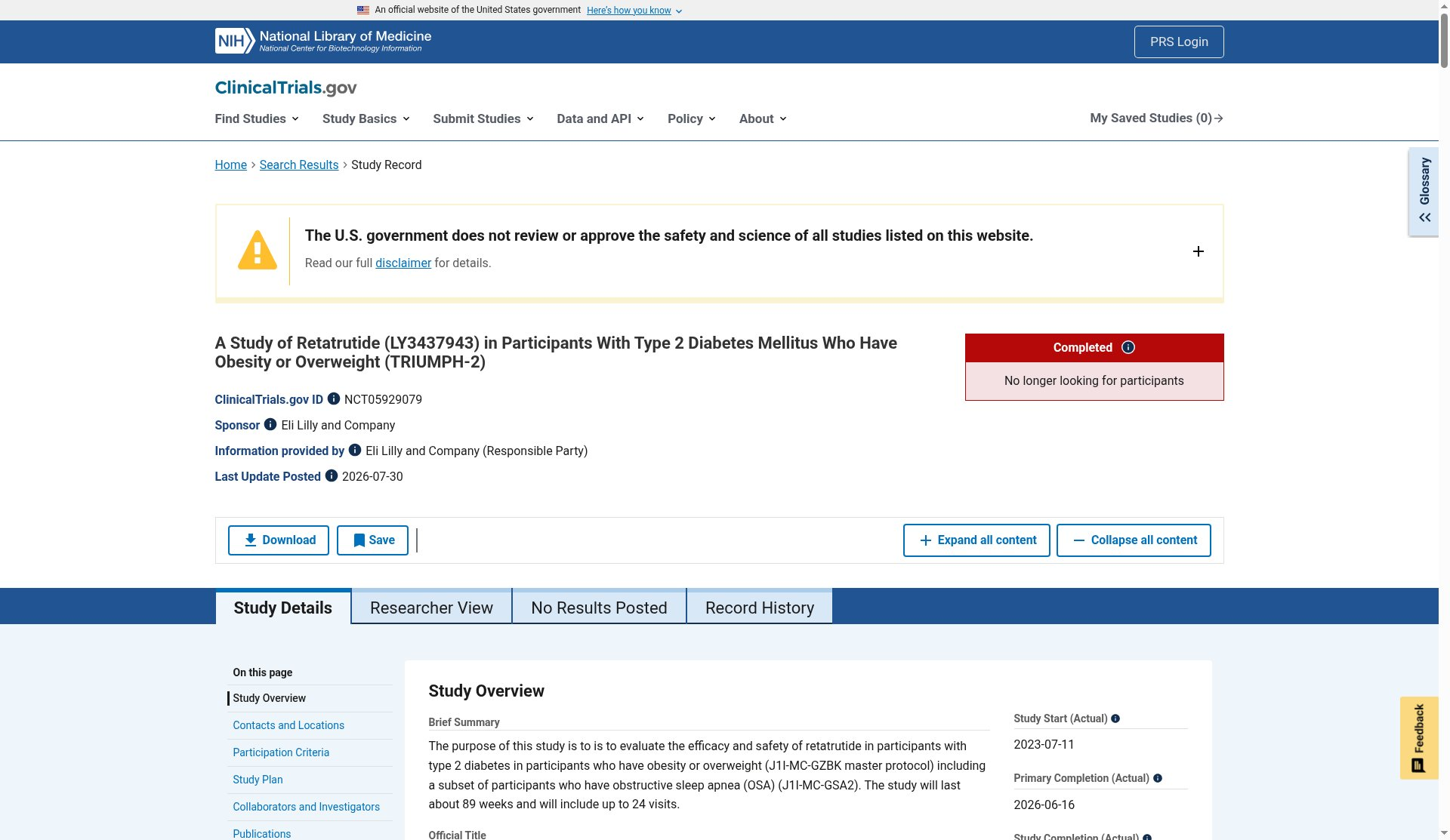 Screenshot: ClinicalTrials.gov TRIUMPH-2 study NCT05929079