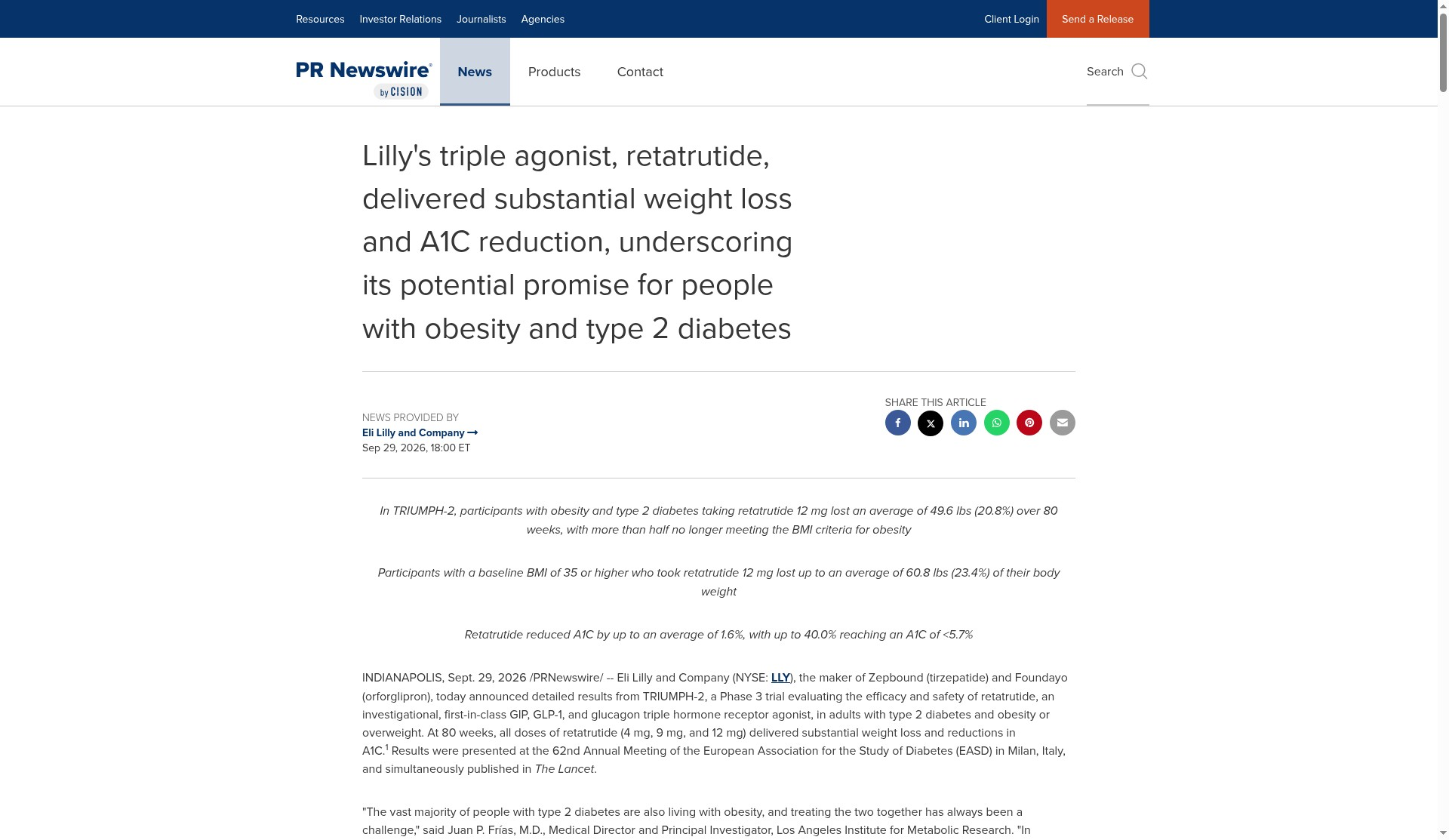 Screenshot: Lilly retatrutide weight loss and A1C results on PR Newswire