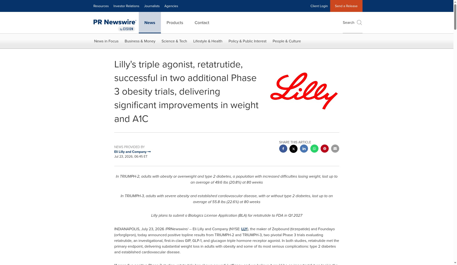 Screenshot: Lilly retatrutide TRIUMPH-2/3 Phase 3 results on PR Newswire